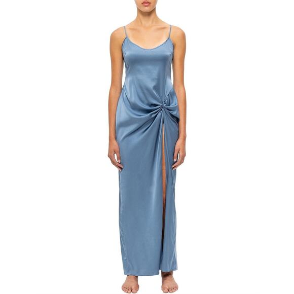 Skims Silk Sleep Slip Maxi Dress Small Artic Blue High Slit Ruched Sexy Evening - Picture 1 of 12